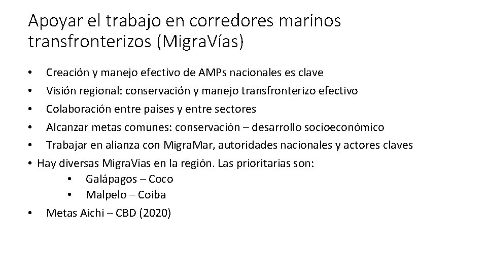 Apoyar el trabajo en corredores marinos transfronterizos (Migra. Vías) • Creación y manejo efectivo