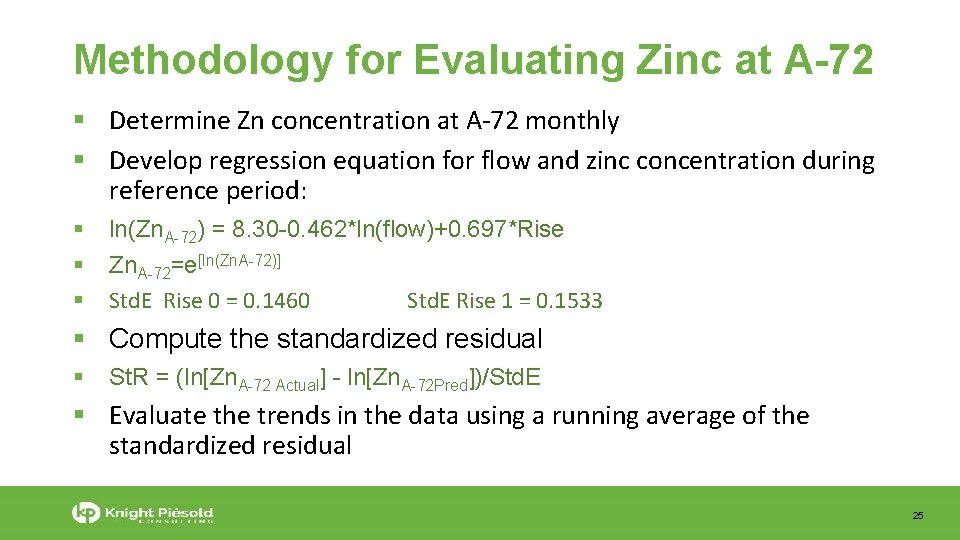 Methodology for Evaluating Zinc at A-72 Determine Zn concentration at A-72 monthly Develop regression