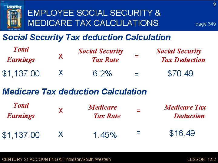 9 EMPLOYEE SOCIAL SECURITY & MEDICARE TAX CALCULATIONS page 349 Social Security Tax deduction