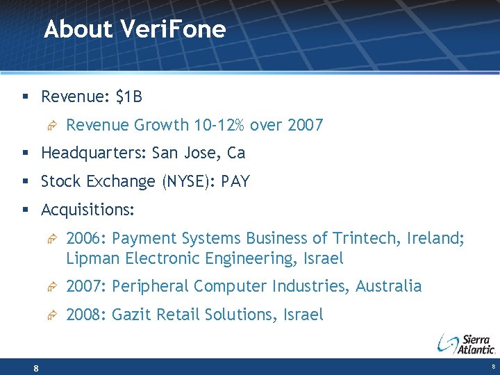 About Veri. Fone § Revenue: $1 B Æ Revenue Growth 10 -12% over 2007