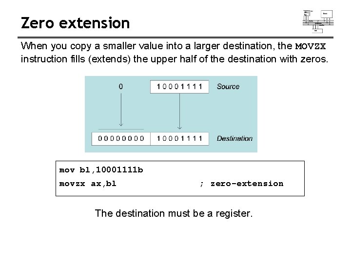 Zero extension When you copy a smaller value into a larger destination, the MOVZX Zero extension When you copy a smaller value into a larger destination, the MOVZX