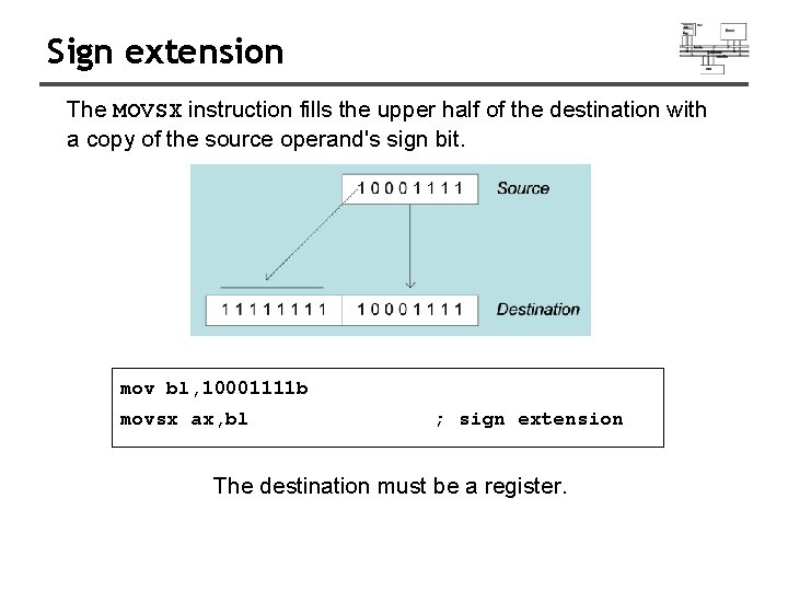 Sign extension The MOVSX instruction fills the upper half of the destination with a Sign extension The MOVSX instruction fills the upper half of the destination with a