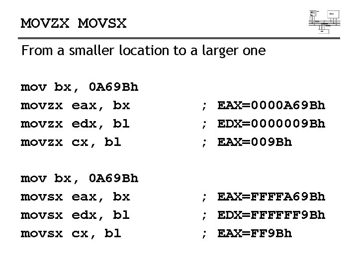 MOVZX MOVSX From a smaller location to a larger one mov bx, 0 A MOVZX MOVSX From a smaller location to a larger one mov bx, 0 A