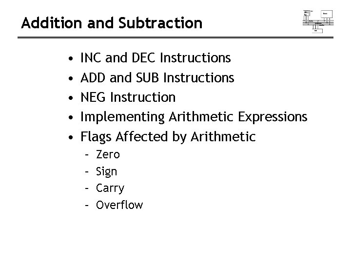 Addition and Subtraction • • • INC and DEC Instructions ADD and SUB Instructions Addition and Subtraction • • • INC and DEC Instructions ADD and SUB Instructions