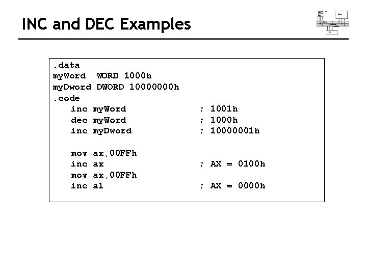 INC and DEC Examples. data my. Word WORD 1000 h my. Dword DWORD 10000000 INC and DEC Examples. data my. Word WORD 1000 h my. Dword DWORD 10000000
