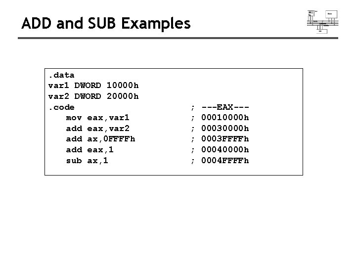 ADD and SUB Examples. data var 1 DWORD 10000 h var 2 DWORD 20000 ADD and SUB Examples. data var 1 DWORD 10000 h var 2 DWORD 20000