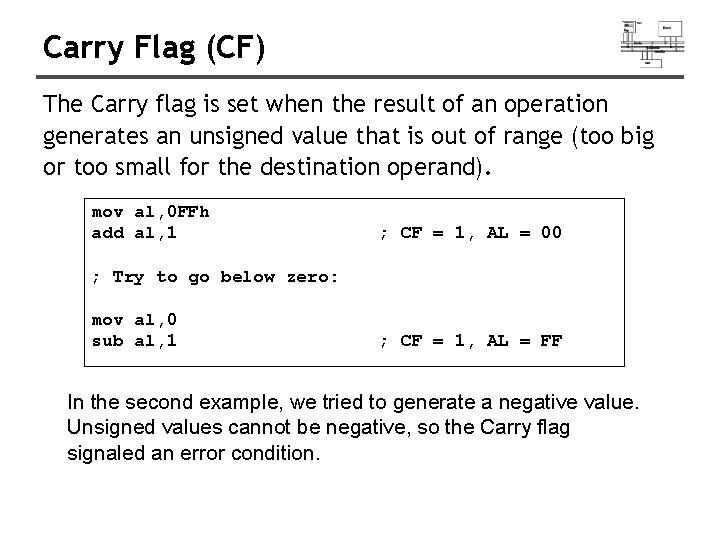 Carry Flag (CF) The Carry flag is set when the result of an operation Carry Flag (CF) The Carry flag is set when the result of an operation