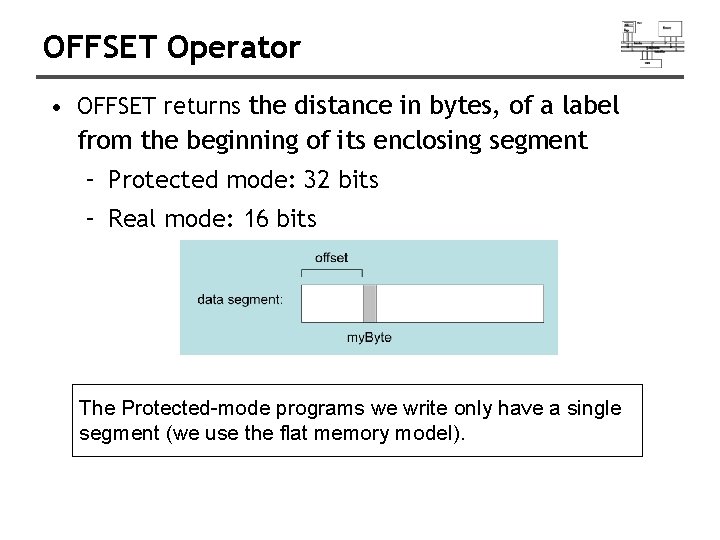 OFFSET Operator • OFFSET returns the distance in bytes, of a label from the OFFSET Operator • OFFSET returns the distance in bytes, of a label from the