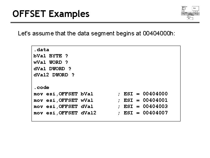 OFFSET Examples Let's assume that the data segment begins at 00404000 h: . data OFFSET Examples Let's assume that the data segment begins at 00404000 h: . data