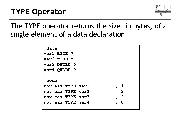 TYPE Operator The TYPE operator returns the size, in bytes, of a single element TYPE Operator The TYPE operator returns the size, in bytes, of a single element