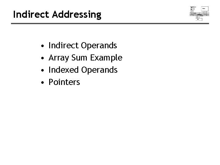Indirect Addressing • • Indirect Operands Array Sum Example Indexed Operands Pointers Indirect Addressing • • Indirect Operands Array Sum Example Indexed Operands Pointers