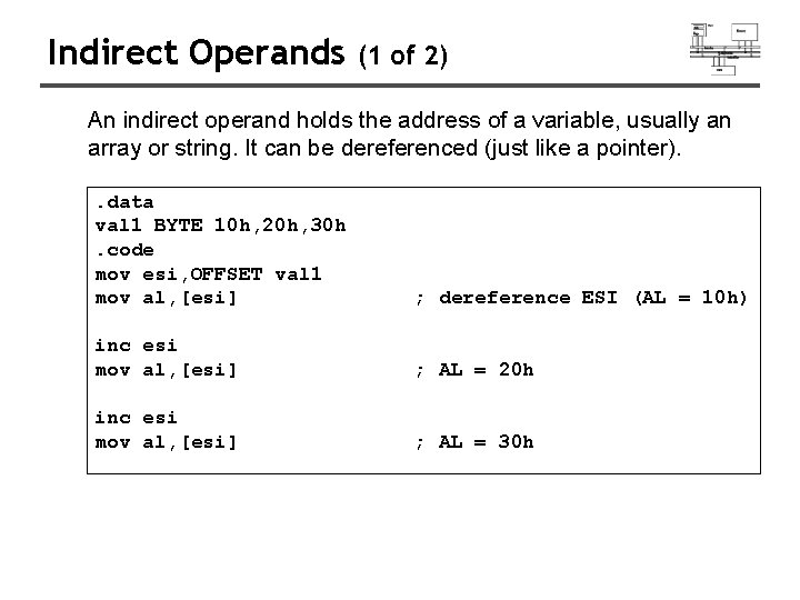 Indirect Operands (1 of 2) An indirect operand holds the address of a variable, Indirect Operands (1 of 2) An indirect operand holds the address of a variable,