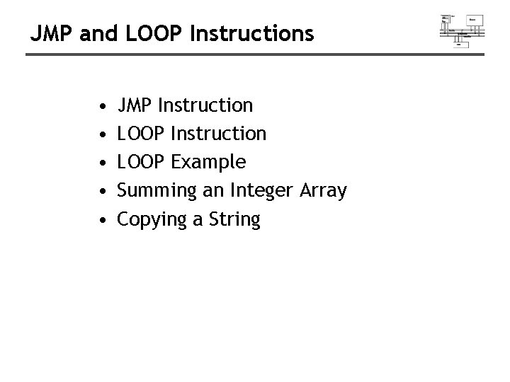 JMP and LOOP Instructions • • • JMP Instruction LOOP Example Summing an Integer JMP and LOOP Instructions • • • JMP Instruction LOOP Example Summing an Integer