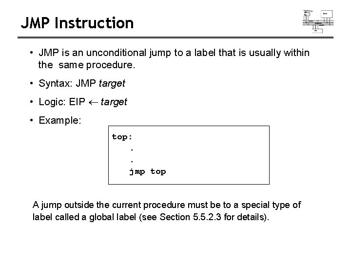 JMP Instruction • JMP is an unconditional jump to a label that is usually JMP Instruction • JMP is an unconditional jump to a label that is usually