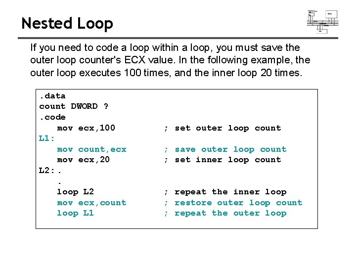 Nested Loop If you need to code a loop within a loop, you must Nested Loop If you need to code a loop within a loop, you must