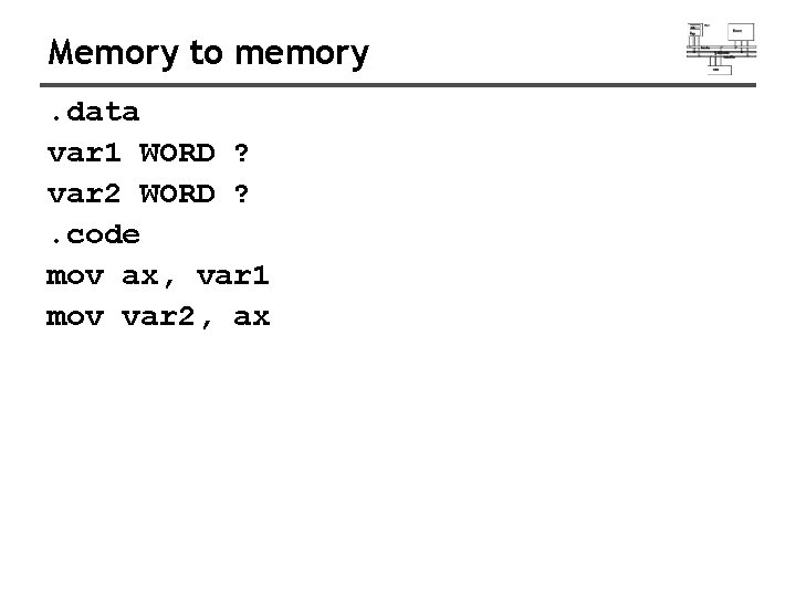 Memory to memory. data var 1 WORD ? var 2 WORD ? . code Memory to memory. data var 1 WORD ? var 2 WORD ? . code