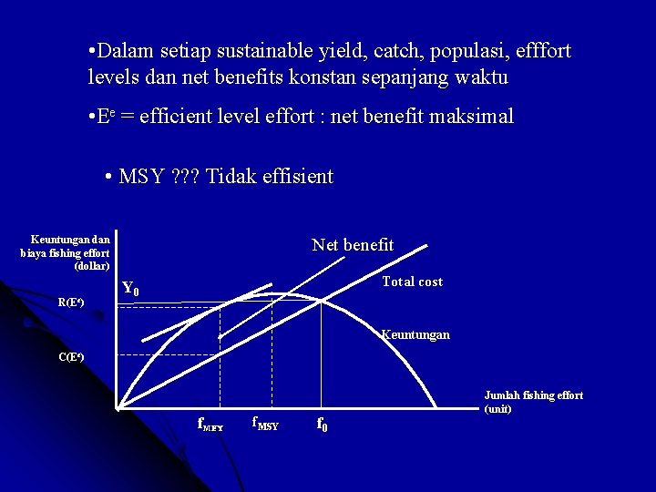  • Dalam setiap sustainable yield, catch, populasi, efffort levels dan net benefits konstan