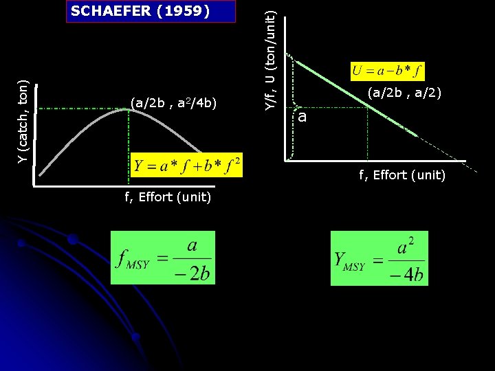 (a/2 b , a 2/4 b) Y/f, U (ton/unit) Y (catch, ton) SCHAEFER (1959)