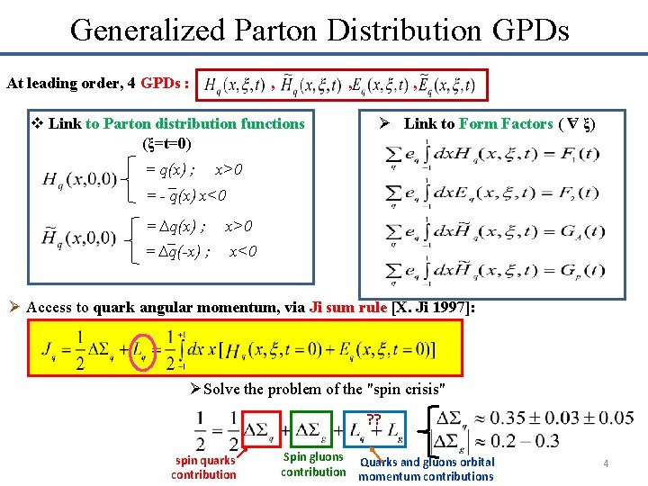 Generalized Parton Distribution GPDs At leading order, 4 GPDs : , v Link to