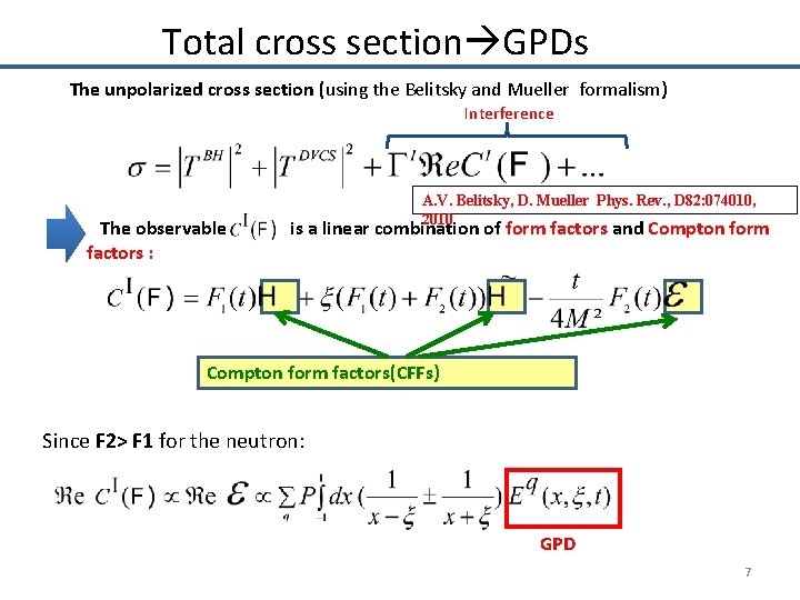 Total cross section GPDs The unpolarized cross section (using the Belitsky and Mueller formalism)