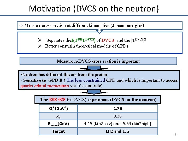 Motivation (DVCS on the neutron) v Measure cross section at different kinematics (2 beam