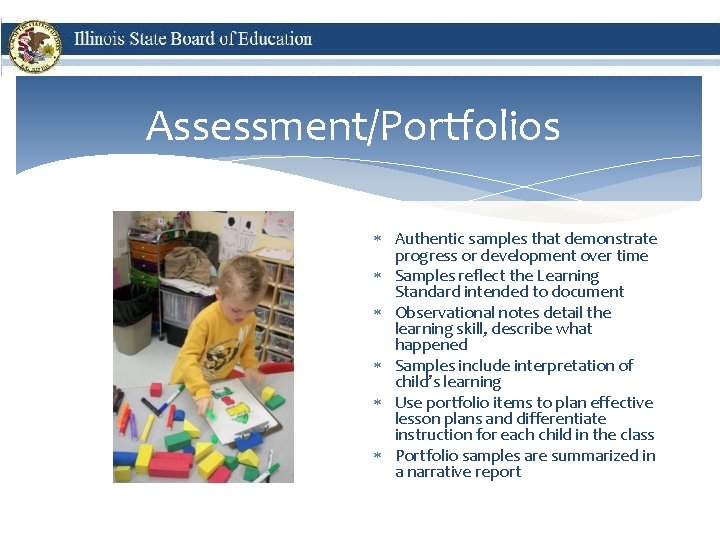 Assessment/Portfolios Authentic samples that demonstrate progress or development over time Samples reflect the Learning