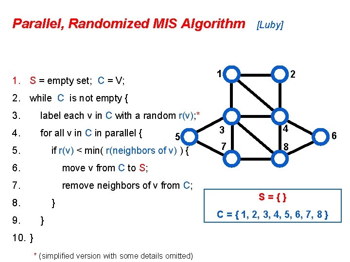 Parallel, Randomized MIS Algorithm 1. S = empty set; C = V; [Luby] 1