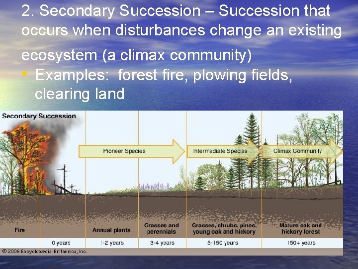 2. Secondary Succession – Succession that occurs when disturbances change an existing ecosystem (a