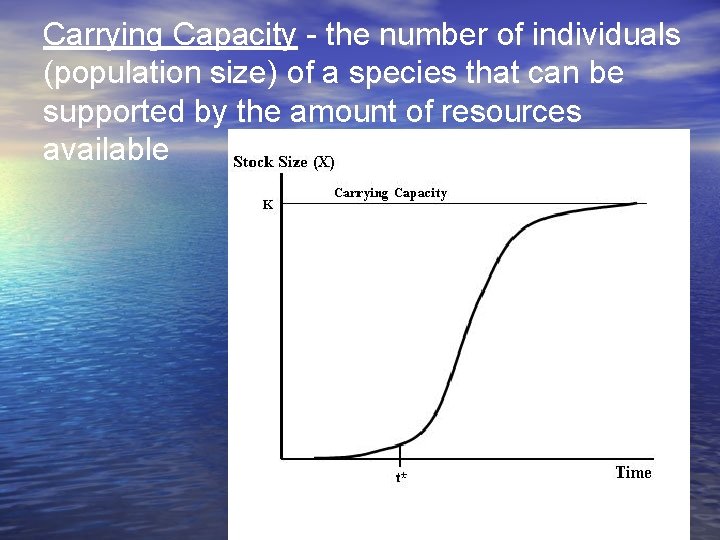 Carrying Capacity - the number of individuals (population size) of a species that can