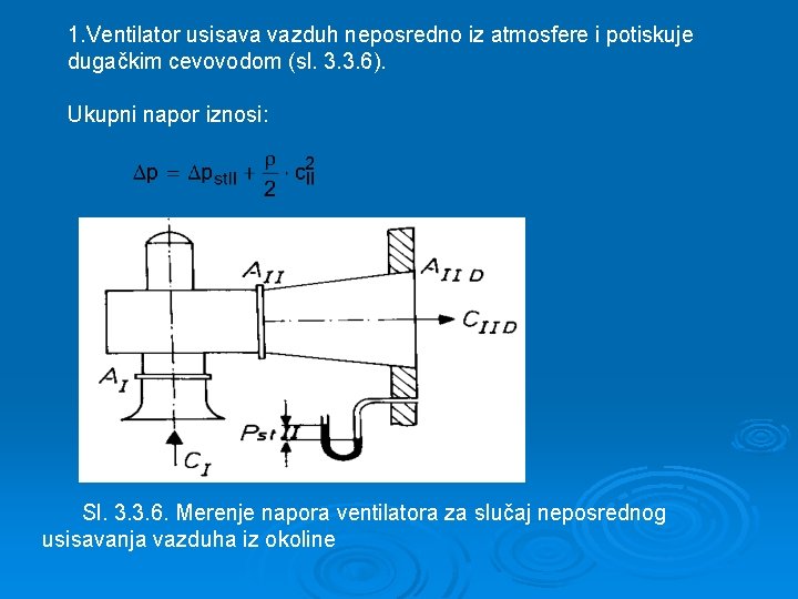1. Ventilator usisava vazduh neposredno iz atmosfere i potiskuje dugačkim cevovodom (sl. 3. 3.