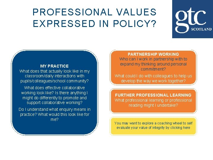 PROFESSIONAL VALUES EXPRESSED IN POLICY? MY PRACTICE What does that actually look like in