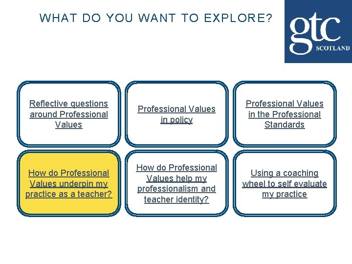 WHAT DO YOU WANT TO EXPLORE? Reflective questions around Professional Values in policy Professional