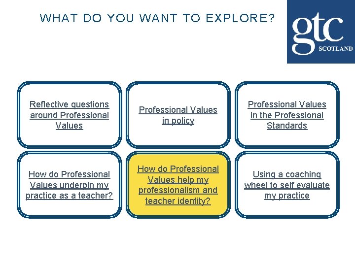 WHAT DO YOU WANT TO EXPLORE? Reflective questions around Professional Values in policy Professional