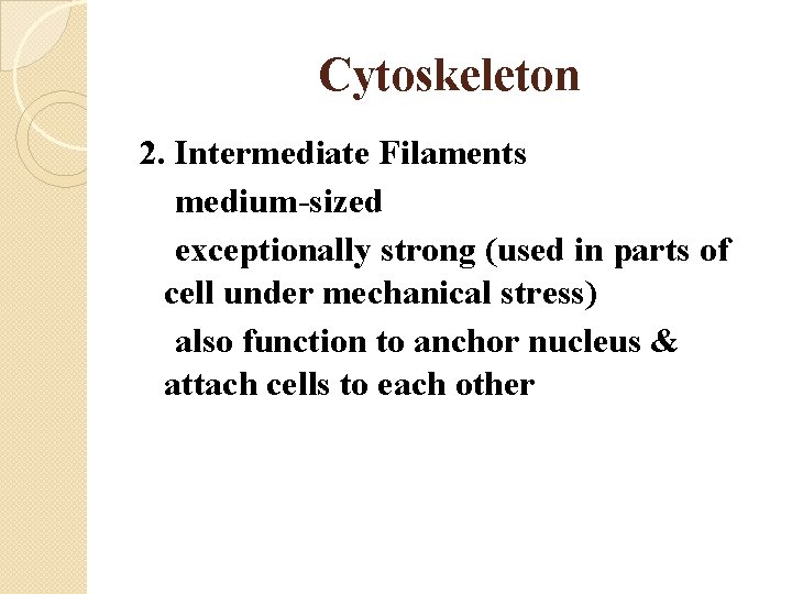 Cytoskeleton 2. Intermediate Filaments medium-sized exceptionally strong (used in parts of cell under mechanical