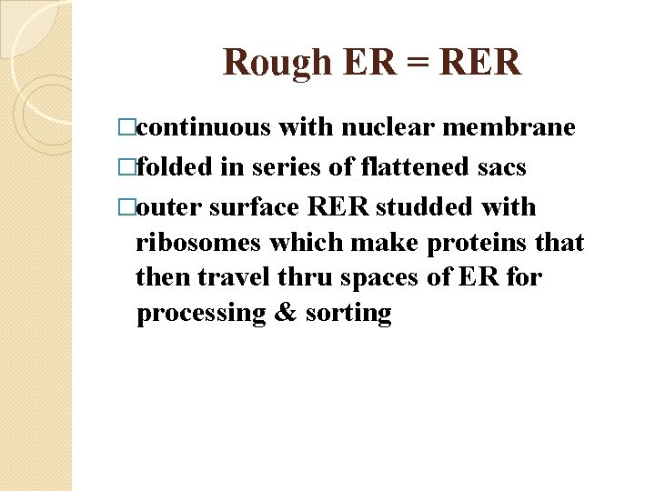 Rough ER = RER �continuous with nuclear membrane �folded in series of flattened sacs