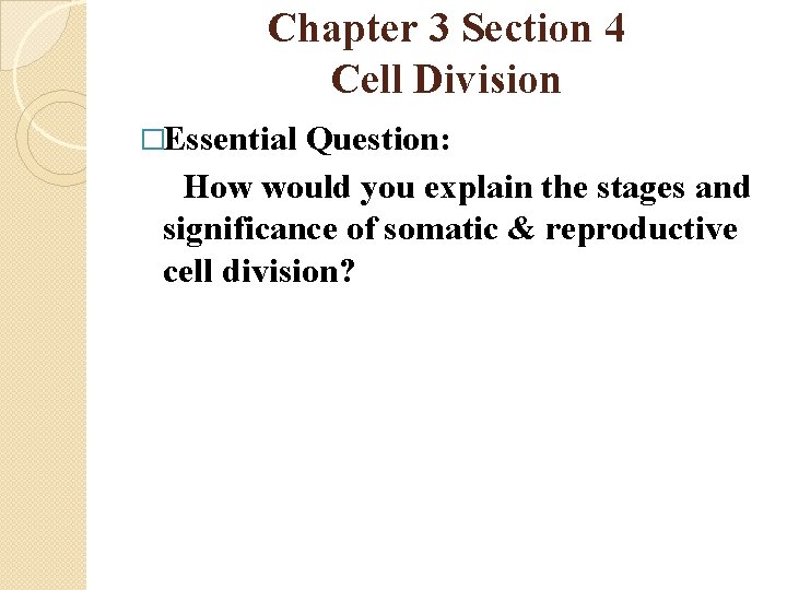 Chapter 3 Section 4 Cell Division �Essential Question: How would you explain the stages