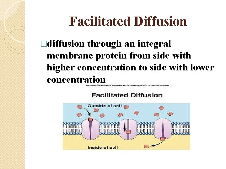 Facilitated Diffusion �diffusion through an integral membrane protein from side with higher concentration to