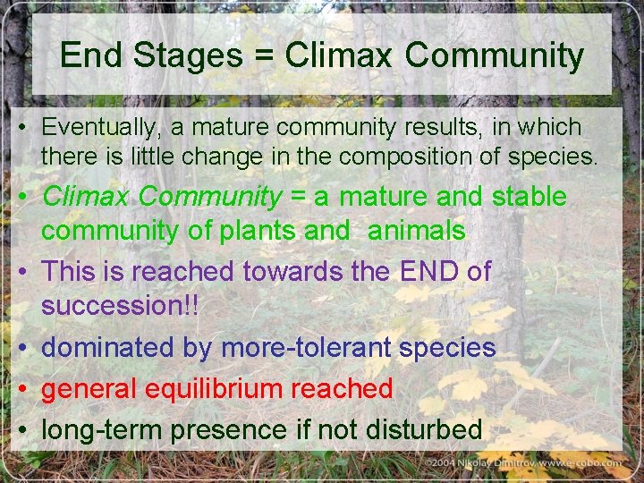 End Stages = Climax Community • Eventually, a mature community results, in which there