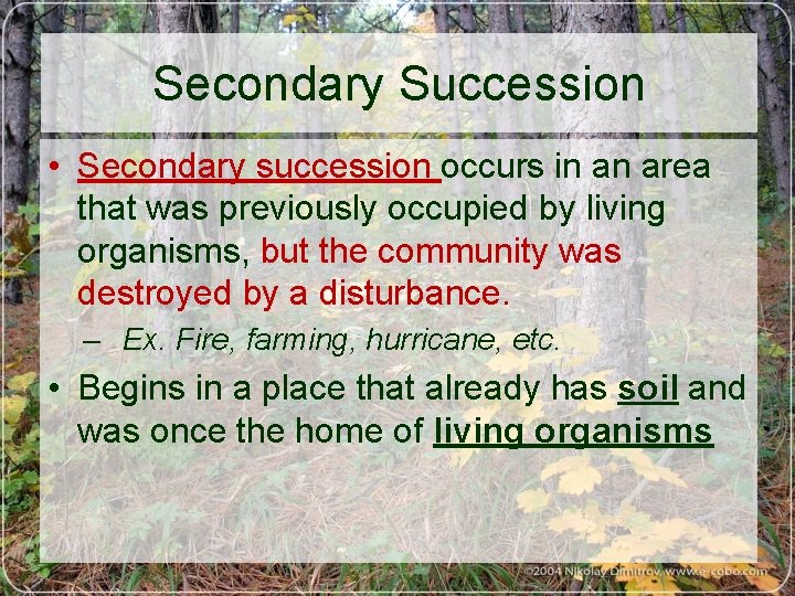 Secondary Succession • Secondary succession occurs in an area that was previously occupied by