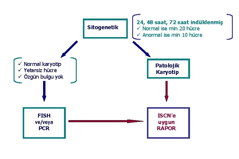 Sitogenetik ü Normal karyotip ü Yetersiz hücre ü Özgün bulgu yok FISH ve/veya PCR