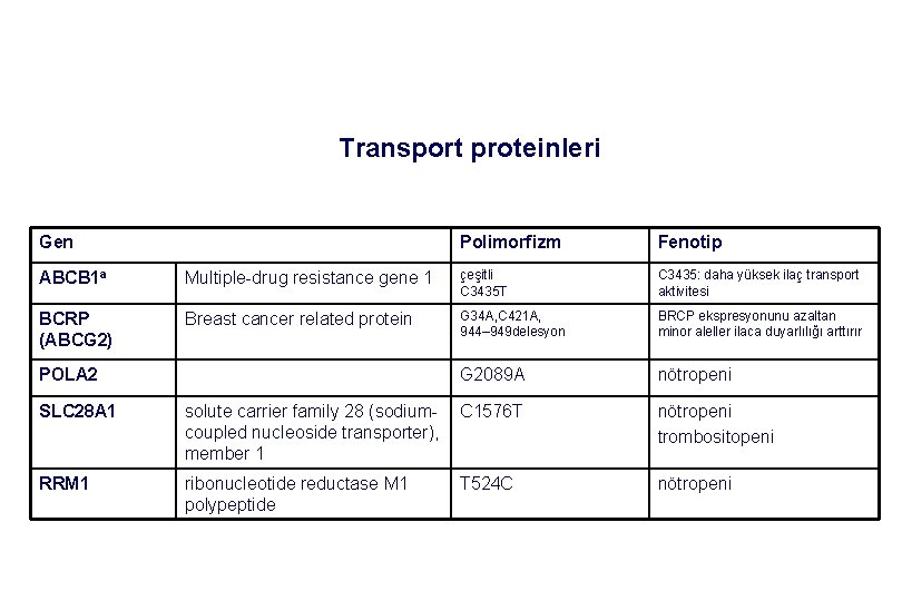 Transport proteinleri Gen Polimorfizm Fenotip ABCB 1 a Multiple-drug resistance gene 1 çeşitli C