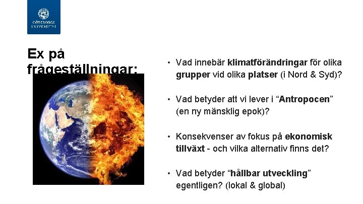 Ex på frågeställningar: • Vad innebär klimatförändringar för olika grupper vid olika platser (i