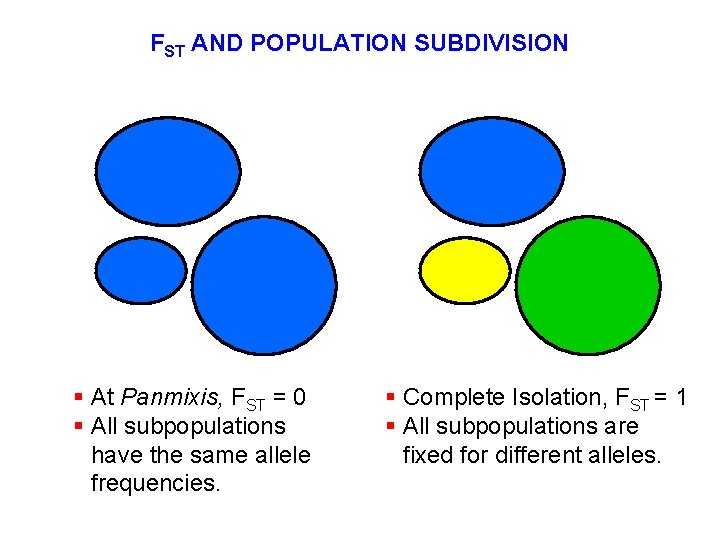 FST AND POPULATION SUBDIVISION § At Panmixis, FST = 0 § All subpopulations have