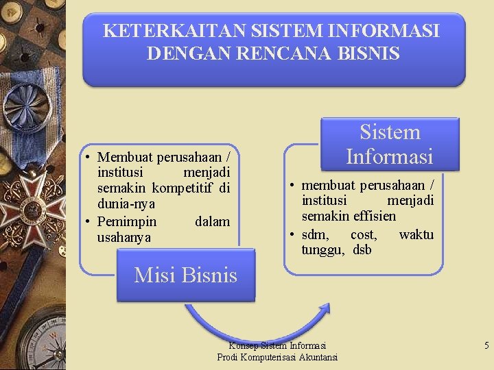 KETERKAITAN SISTEM INFORMASI DENGAN RENCANA BISNIS • Membuat perusahaan / institusi menjadi semakin kompetitif