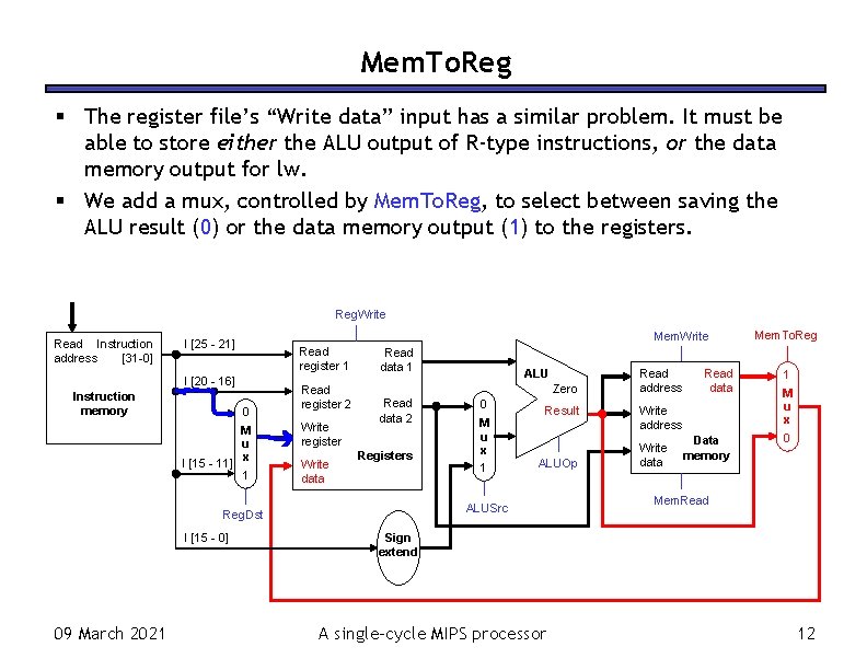 Mem. To. Reg The register file’s “Write data” input has a similar problem. It