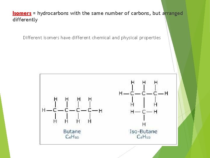 Isomers = hydrocarbons with the same number of carbons, but arranged differently Different isomers