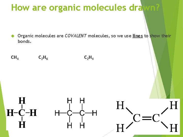 How are organic molecules drawn? Organic molecules are COVALENT molecules, so we use lines