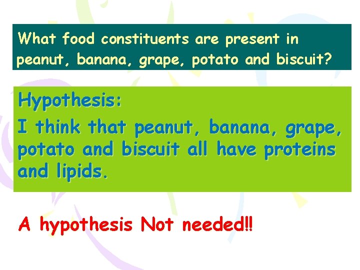 What food constituents are present in peanut, banana, grape, potato and biscuit? Hypothesis: I