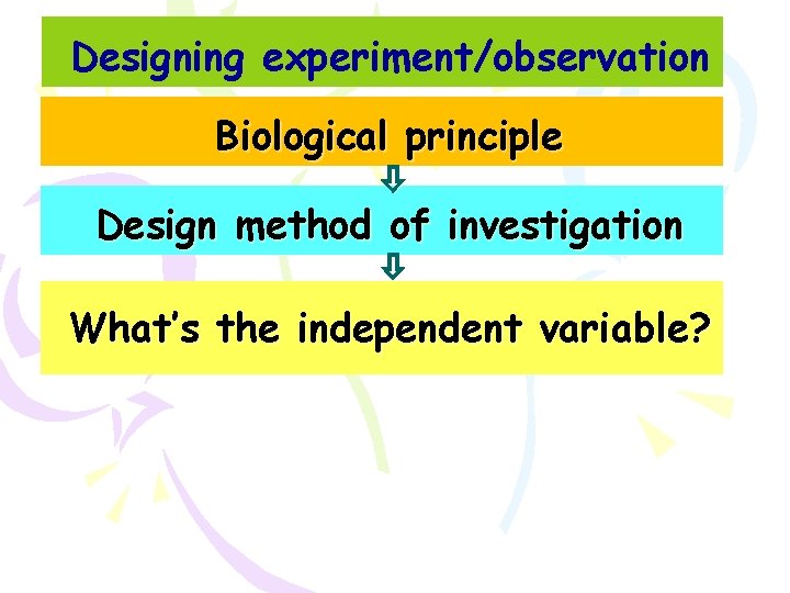 Designing experiment/observation Biological principle Design method of investigation What’s the independent variable? 