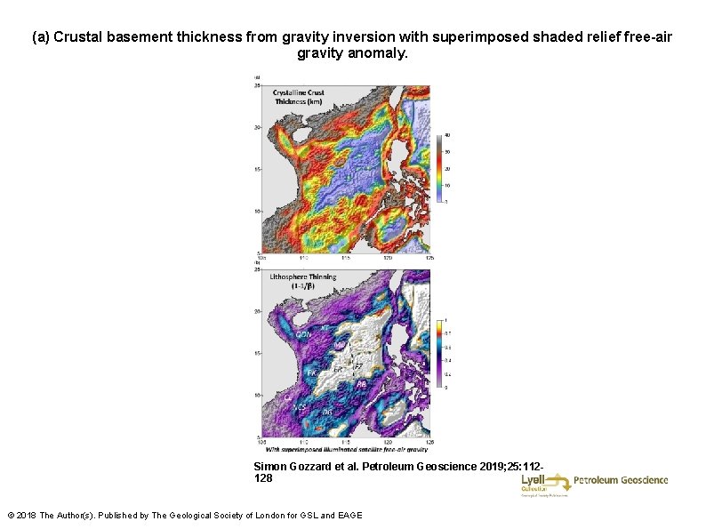 (a) Crustal basement thickness from gravity inversion with superimposed shaded relief free-air gravity anomaly.